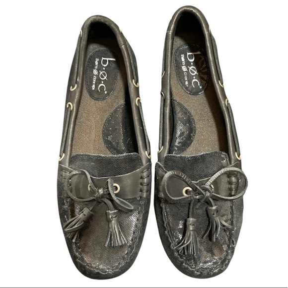 Born BOC Concepts Black Leather w/Suede Burnout Floral Design Alena Loafers- EUC - Picture 1 of 12